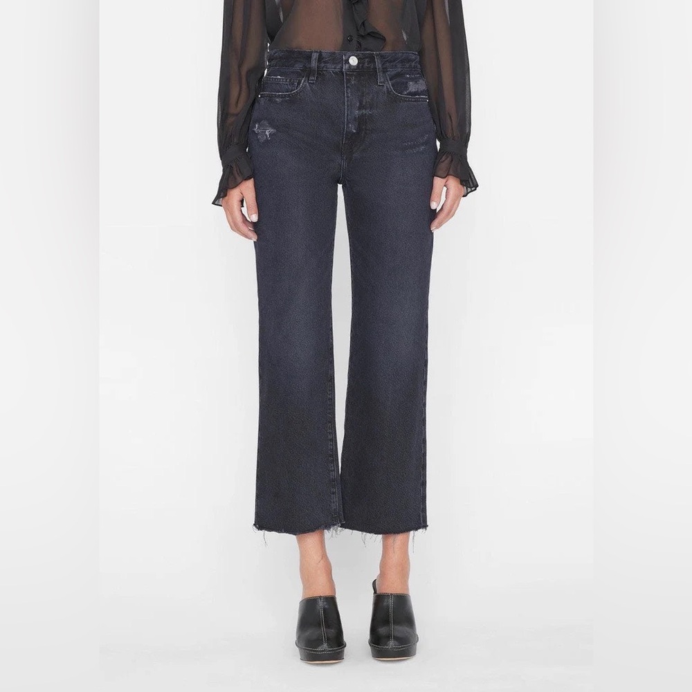 Frame || Le Jane Crop Jeans in Inkwell‎ Rips Raw Hem Black Gray 26